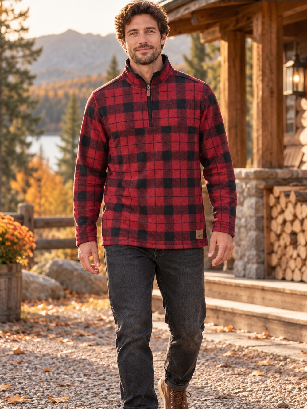 Buffalo Plaid Quarter Zip Fleece Pullover Mens L John Wayne Red Black Western